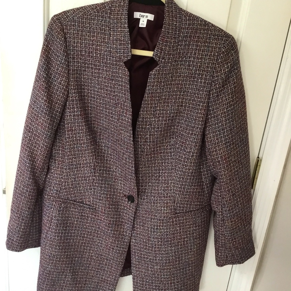 Bar III LongLength Single Button Jacket, Size14,EggplantCheckedWithShinyThread